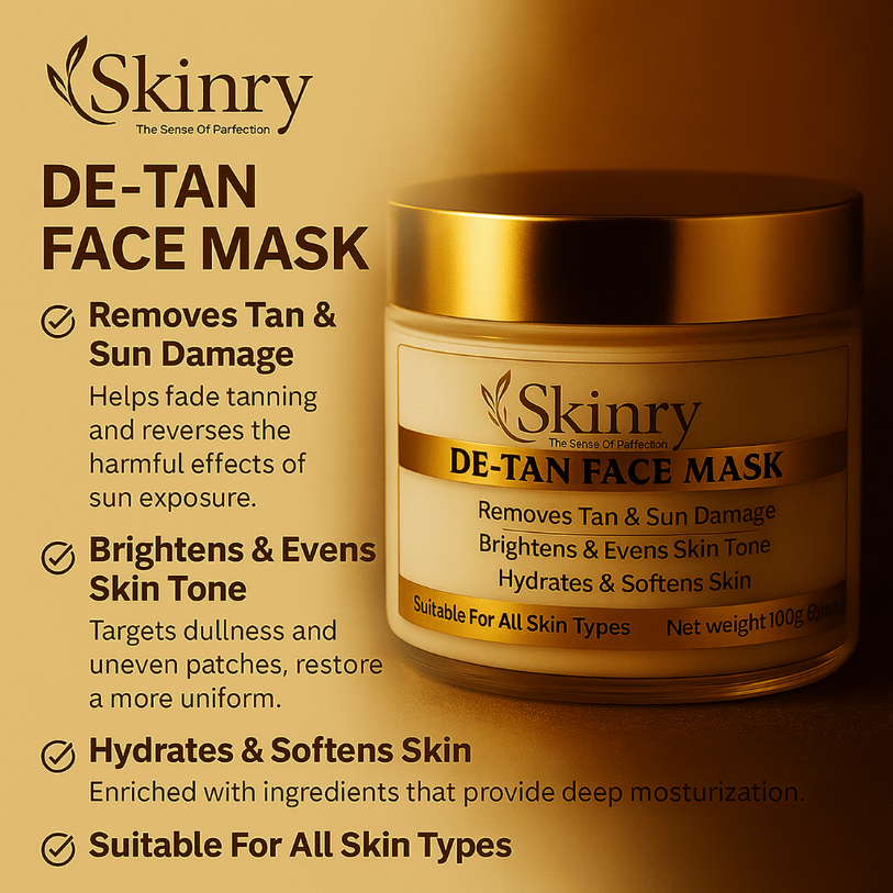 Skinry De-tan Face Mask jar with gold lid removes tan and sun damage brightens skin