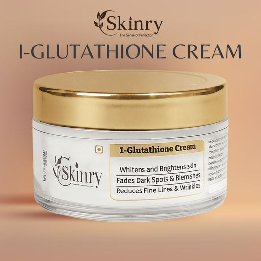 Skinry I Glutathione Cream jar with gold lid and label highlighting whitening benefits glutathione whitening cream
