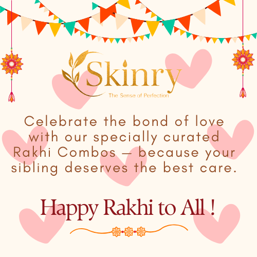 Skinry Store Rakhi promotional banner with hearts bunting and Rakhi motifs promoting gold facial kit for Rakhi