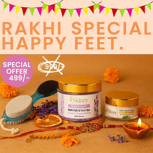 Skinry Store Happy Feet Kit for gifting featuring bath salt jar foot cream pumice brush dried orange and rakhi