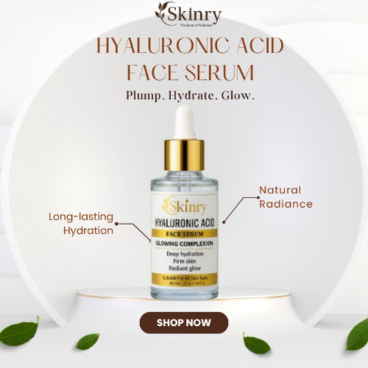 Skinry Hyaluronic Acid Face Serum bottle with gold dropper for long-lasting hydration and natural radiance