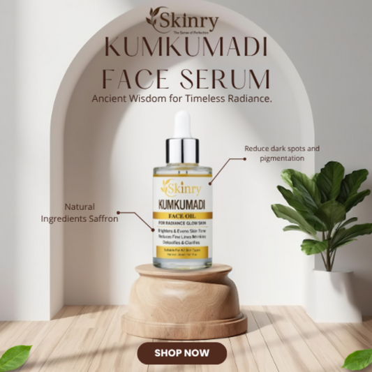 Kumkumadi Face Serum bottle with natural saffron ingredients to reduce dark spots and pigmentation