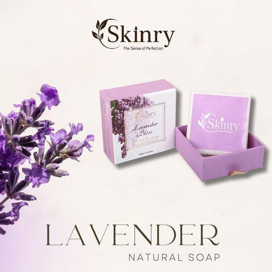 Skinry lavender natural soap boxed set with floral packaging and loose lavender sprigs for calming skincare