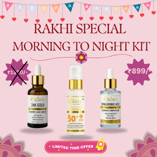 Rakhi skincare gift set by Skinry Store showing 24K gold serum SPF50 sunscreen and hyaluronic acid serum
