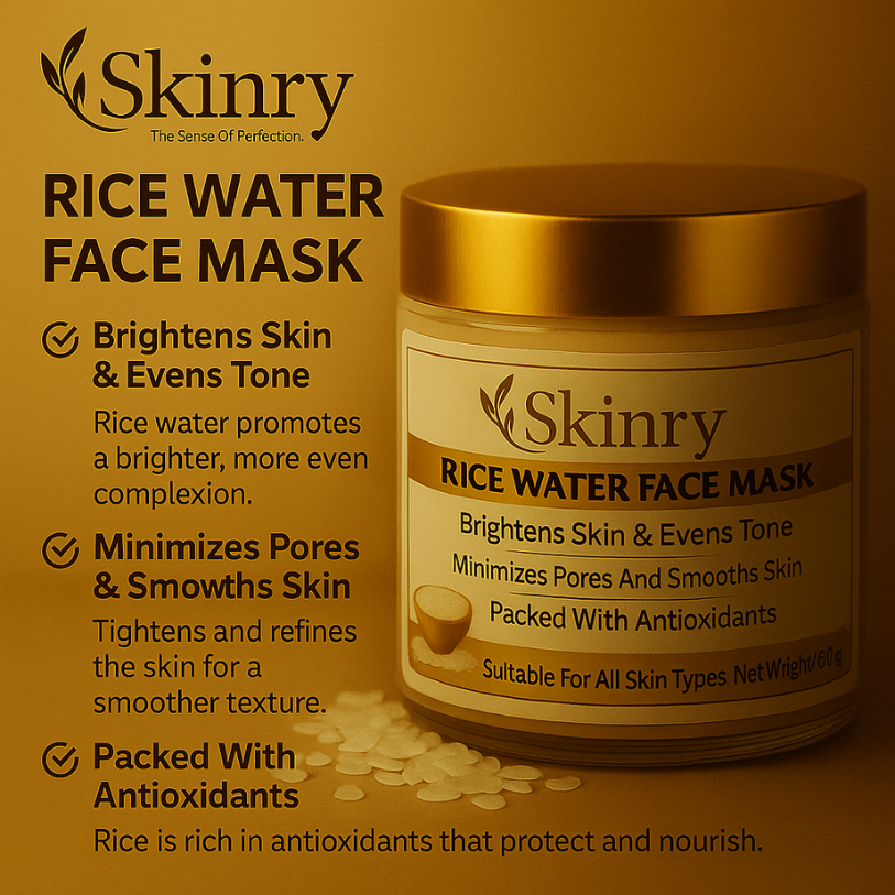 Skinry Rice Water Face Mask jar with gold lid highlighting brightening and pore minimizing benefits