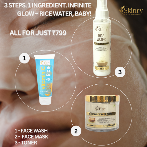 Skinry rice water face mask kit image showing face wash tube mask jar and toner spray over closeup skin