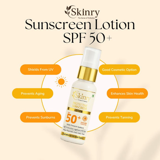Skinry protective SPF 50 sunscreen lotion pump bottle with label and  highlighting benefits