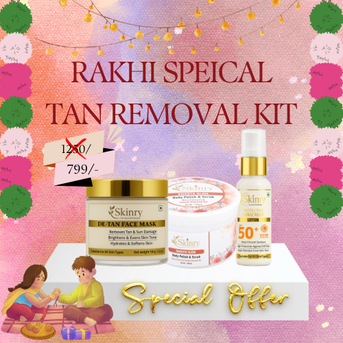 Skinry Store Rakhi special tan removal kit for glowing skin with de tan face mask body polish and SPF 50 sunscreen offer