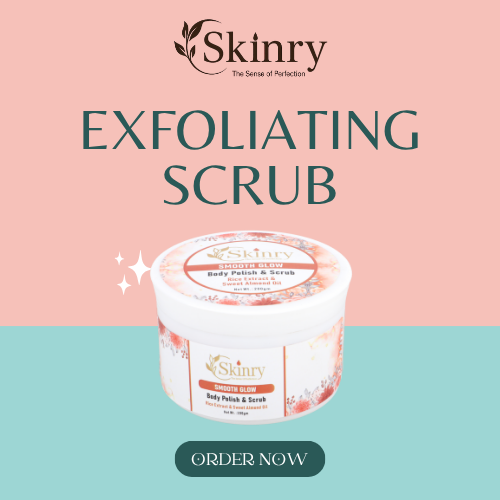 Skinry Store exfoliating scrub jar on pink and teal background tan removal kit for glowing skin product image
