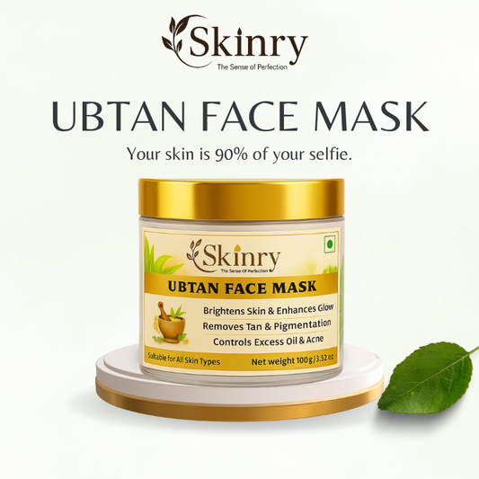 Skinry Ubtan Face Mask jar with gold lid highlighting brightening and acne control benefits